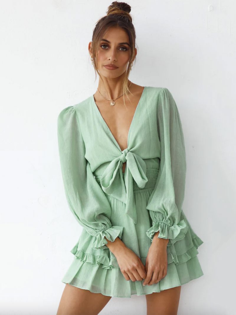 Mini Robes Pour Femmes Vert Col V À Lacets Manches Longues Nœuds Mousseline Soie Robe D'été Courte