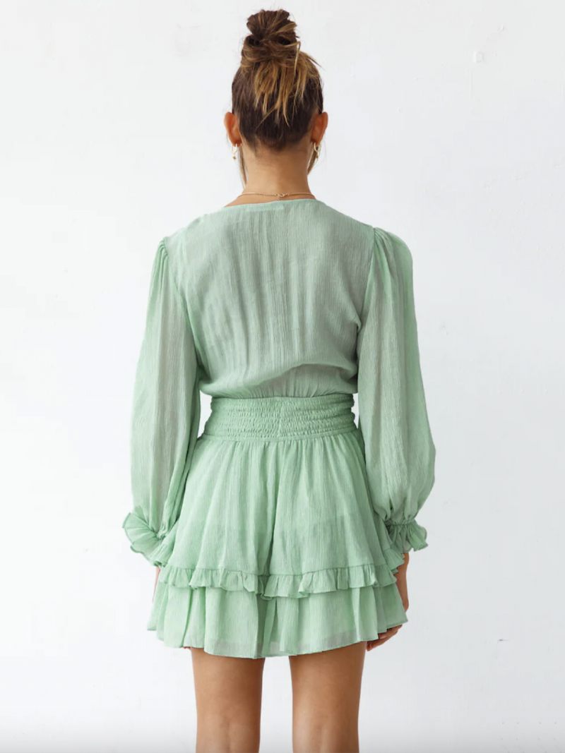 Mini Robes Pour Femmes Vert Col V À Lacets Manches Longues Nœuds Mousseline Soie Robe D'été Courte - Vert