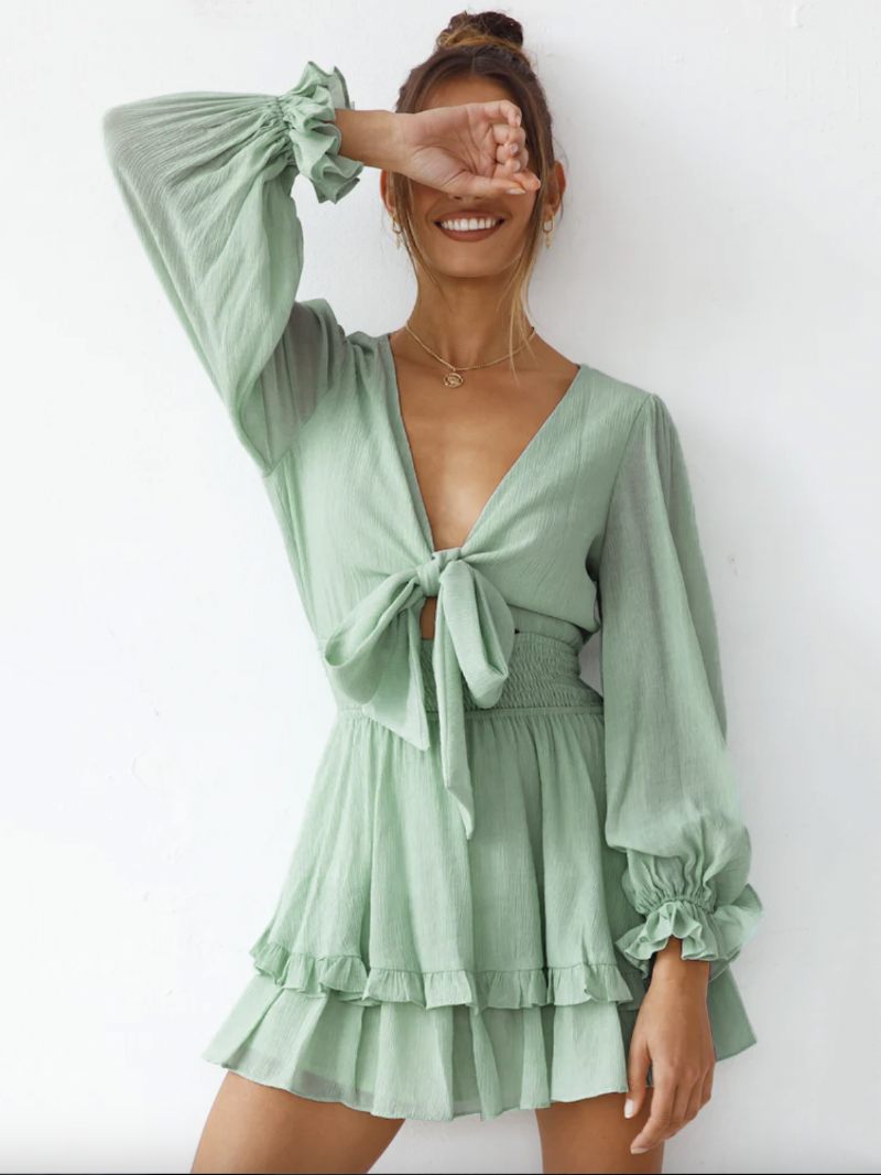 Mini Robes Pour Femmes Vert Col V À Lacets Manches Longues Nœuds Mousseline Soie Robe D'été Courte - Vert