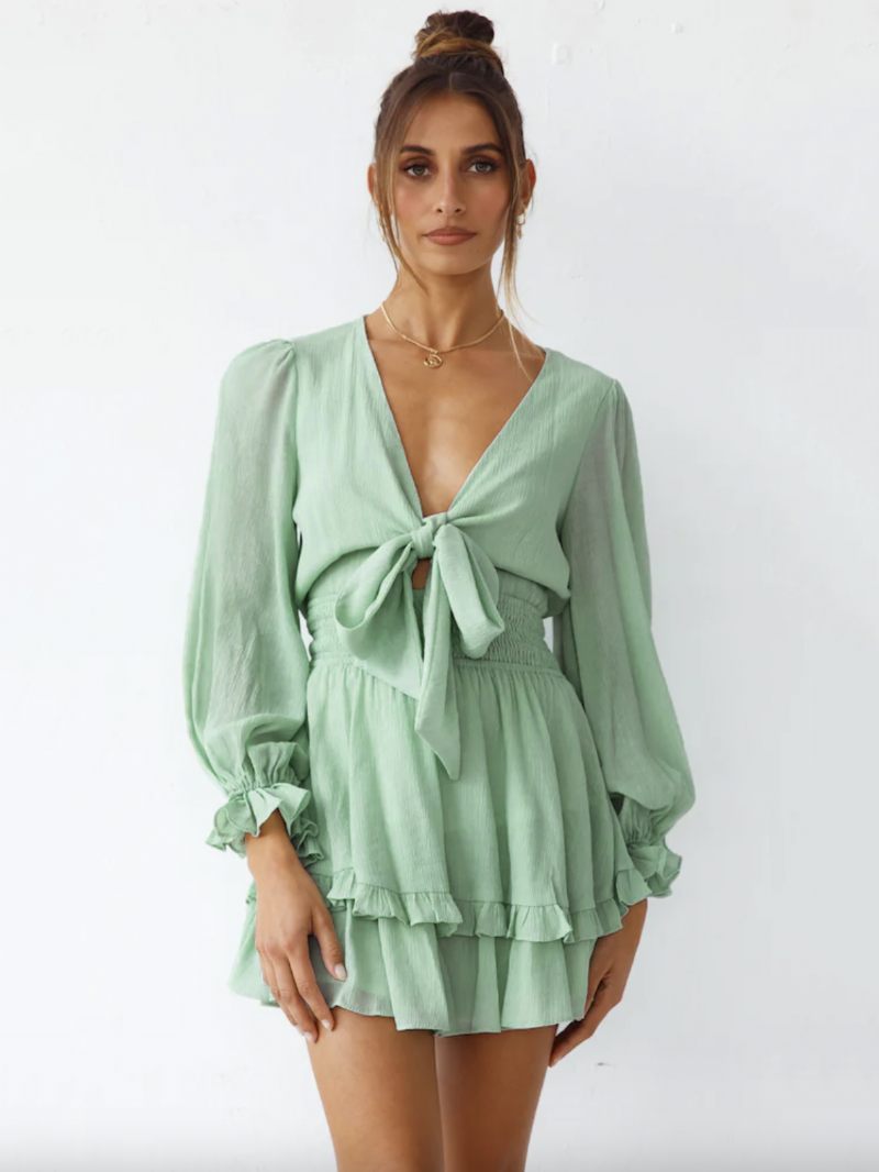 Mini Robes Pour Femmes Vert Col V À Lacets Manches Longues Nœuds Mousseline Soie Robe D'été Courte - Vert