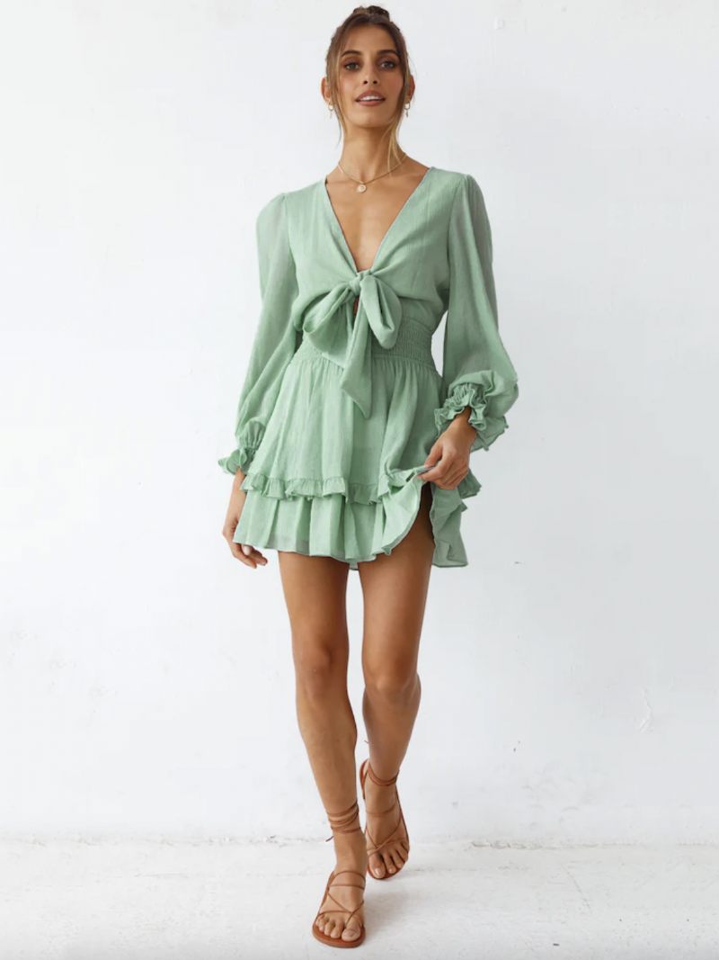 Mini Robes Pour Femmes Vert Col V À Lacets Manches Longues Nœuds Mousseline Soie Robe D'été Courte - Vert