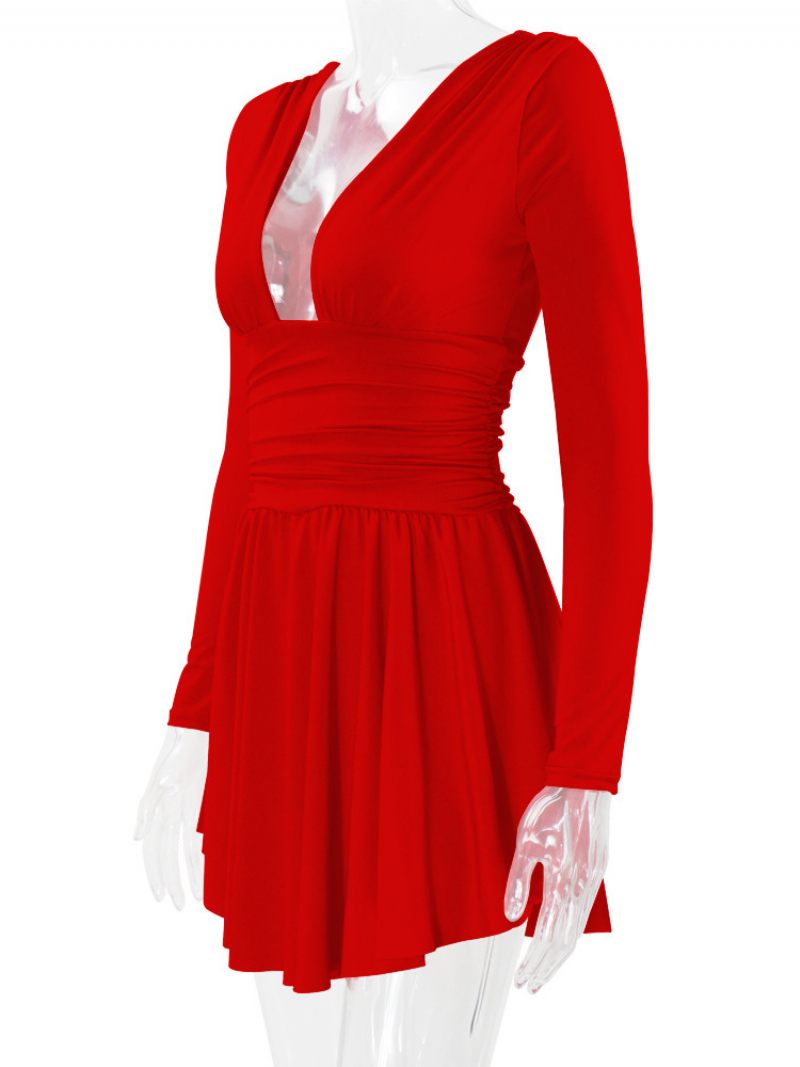 Robe Ajustée Et Évasée Pour Femmes Manches Longues Plongeantes Robes Trapèze Courtes Couleur Unie - Rouge