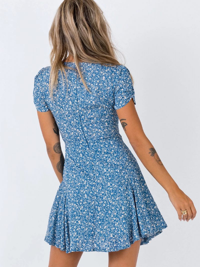 Robe Boho Pour Femmes Col V Manches Courtes Imprimé Floral Mi-longue D'été - Bleu