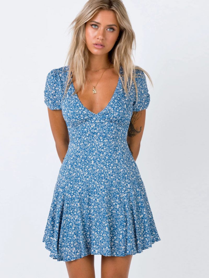 Robe Boho Pour Femmes Col V Manches Courtes Imprimé Floral Mi-longue D'été - Bleu