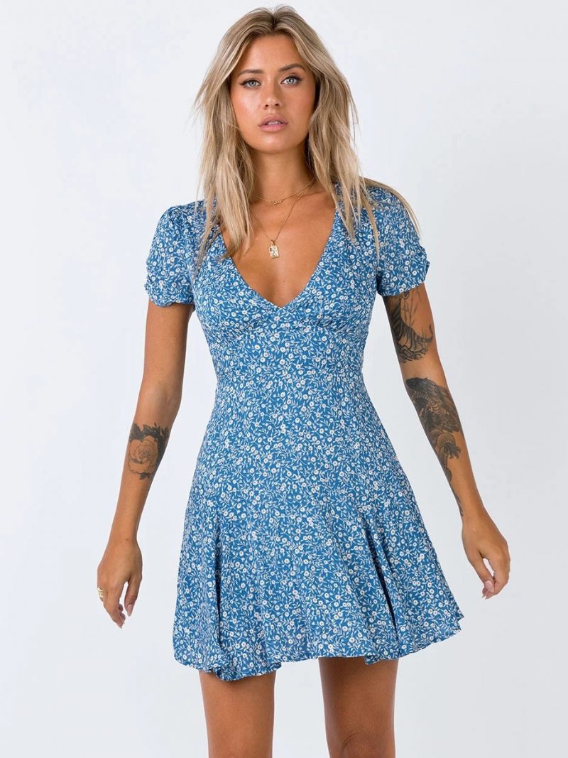 Robe Boho Pour Femmes Col V Manches Courtes Imprimé Floral Mi-longue D'été - Bleu