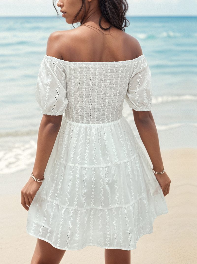 Robe Boho Pour Femmes Sans Bretelles Col Bateau Manches Courtes Plage Superposée - Blanc