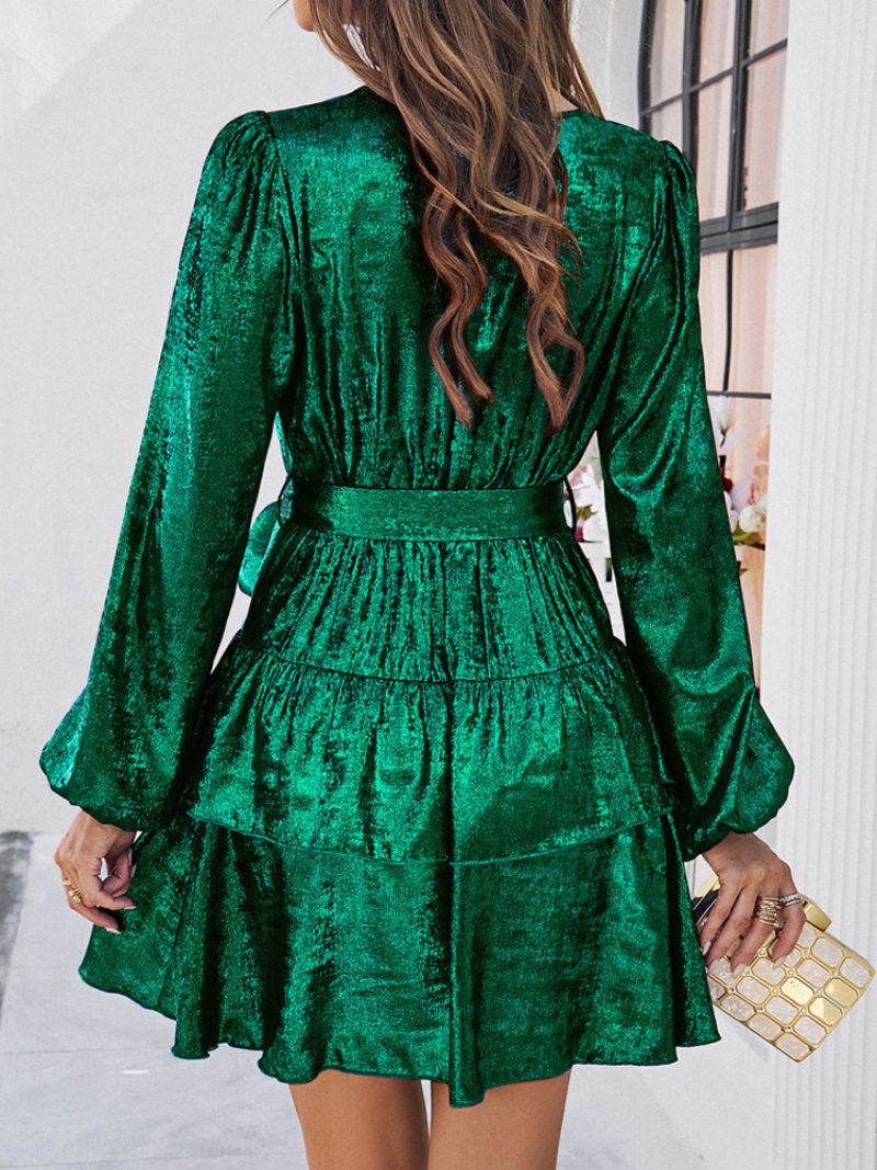 Robe Courte À Col V Pour Femmes Manches Longues Mini Robes Cocktail Plusieurs Niveaux - Vert