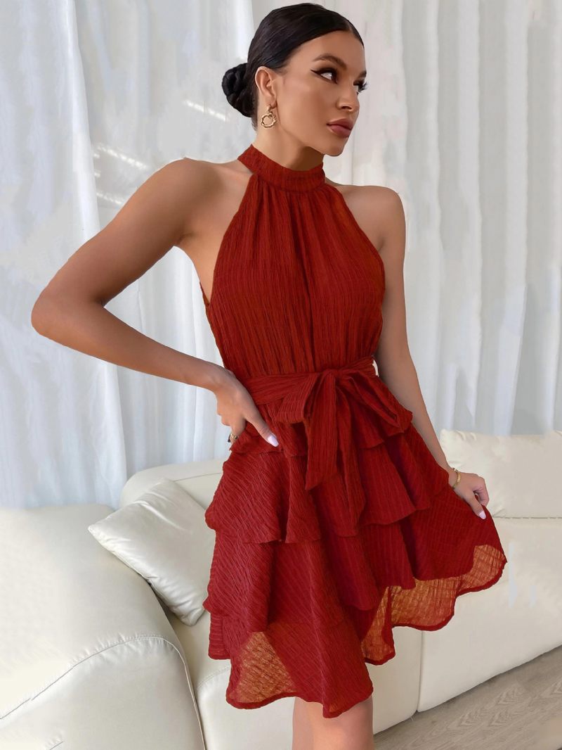 Robe Courte Dos Nu Pour Femmes Sans Manches Plissée Ceinture Tulle Robes Cocktail Fête À Plusieurs Niveaux