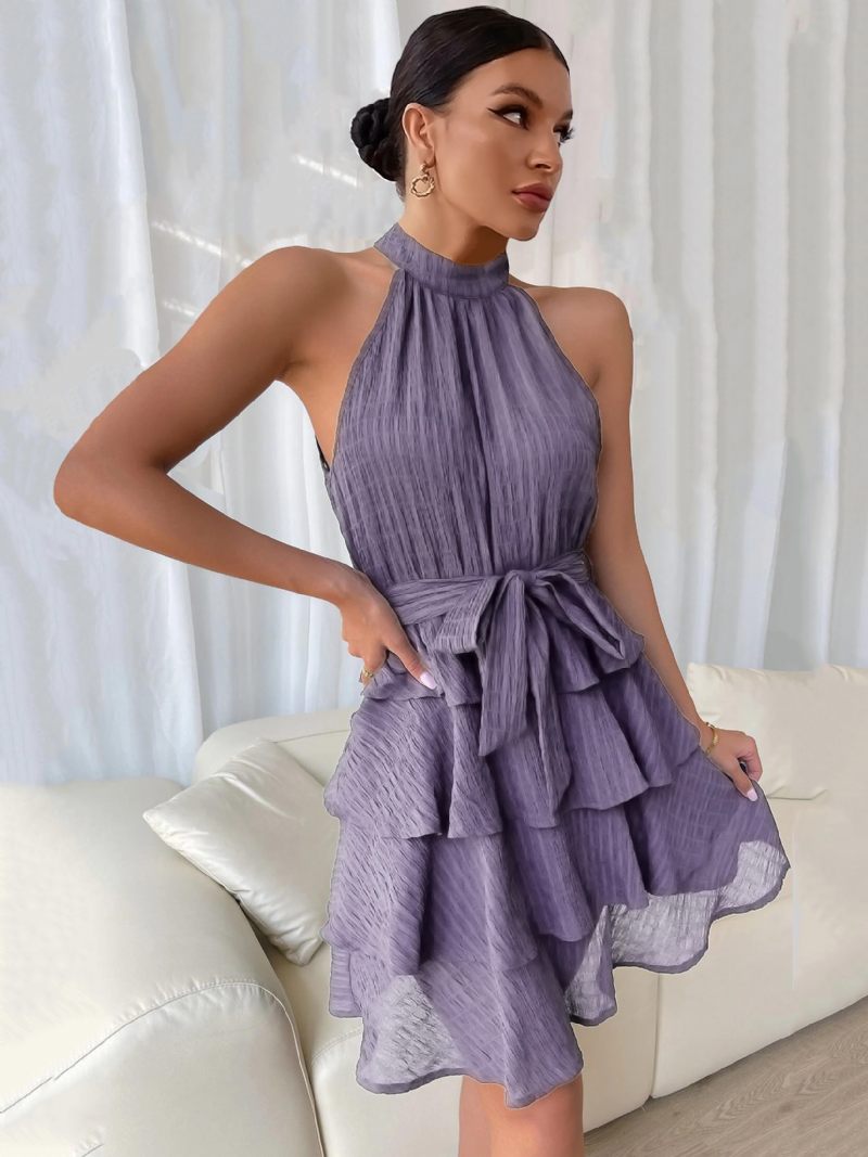 Robe Courte Dos Nu Pour Femmes Sans Manches Plissée Ceinture Tulle Robes Cocktail Fête À Plusieurs Niveaux - Lavande