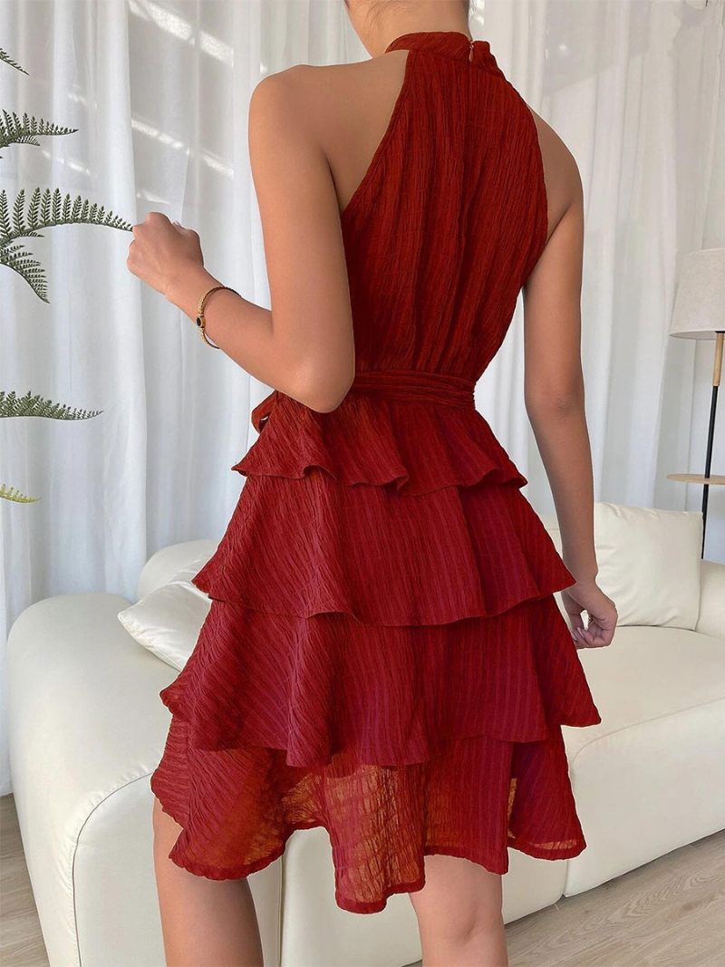 Robe Courte Dos Nu Pour Femmes Sans Manches Plissée Ceinture Tulle Robes Cocktail Fête À Plusieurs Niveaux - Rouge