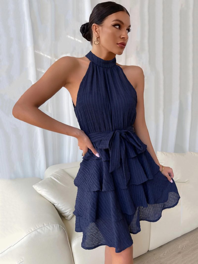 Robe Courte Dos Nu Pour Femmes Sans Manches Plissée Ceinture Tulle Robes Cocktail Fête À Plusieurs Niveaux - Bleu