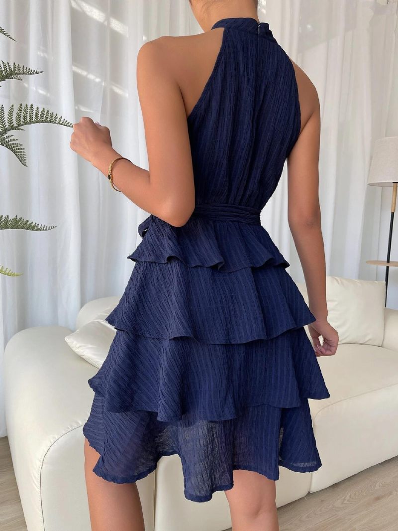 Robe Courte Dos Nu Pour Femmes Sans Manches Plissée Ceinture Tulle Robes Cocktail Fête À Plusieurs Niveaux - Bleu