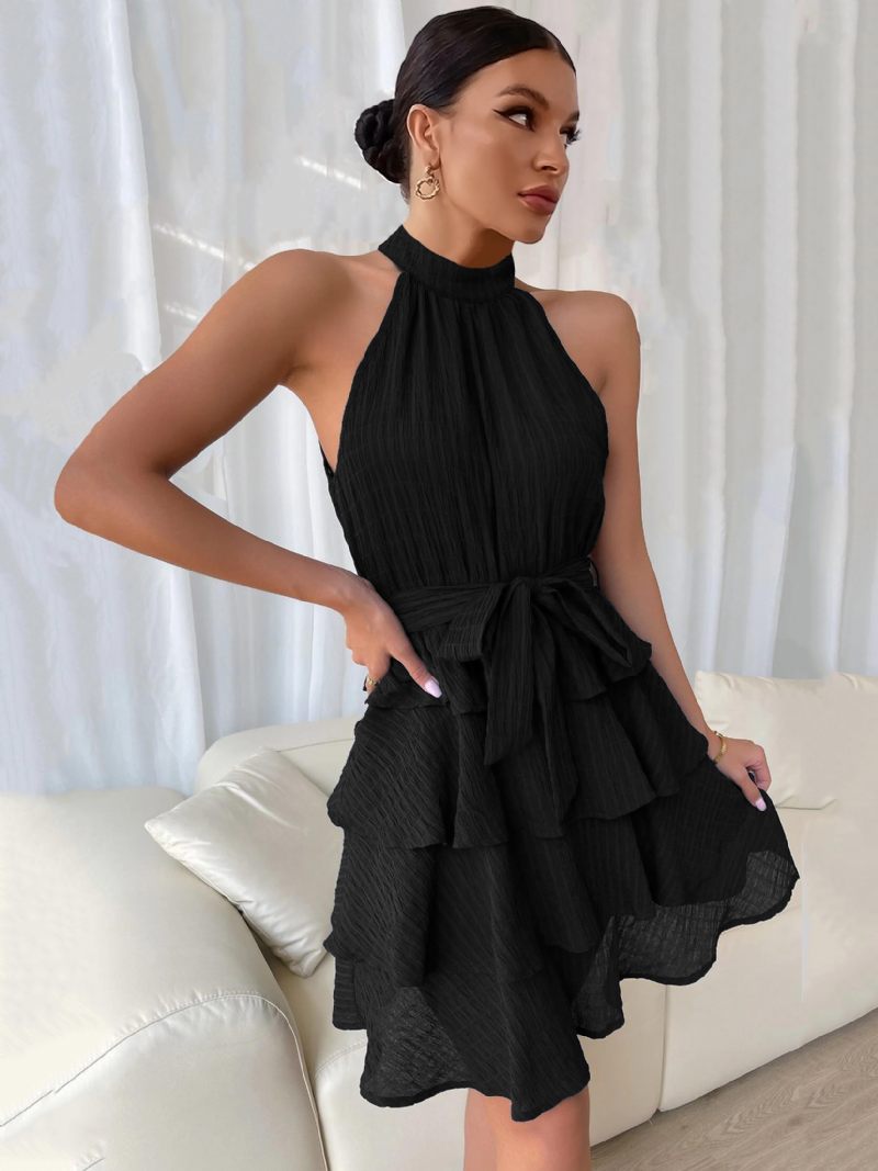 Robe Courte Dos Nu Pour Femmes Sans Manches Plissée Ceinture Tulle Robes Cocktail Fête À Plusieurs Niveaux - Noir