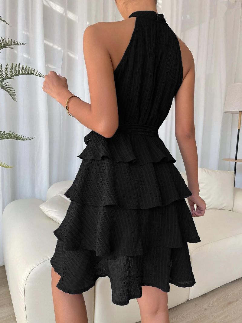 Robe Courte Dos Nu Pour Femmes Sans Manches Plissée Ceinture Tulle Robes Cocktail Fête À Plusieurs Niveaux - Noir