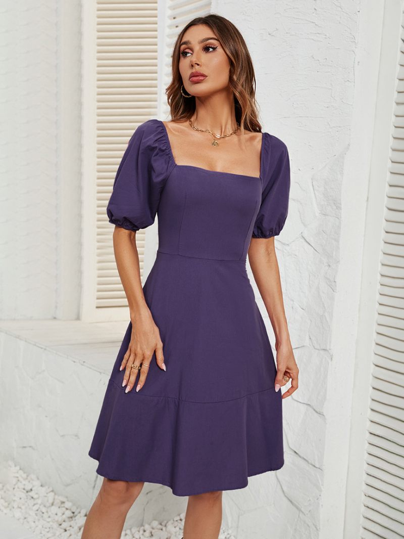 Robe Courte Pour Femmes Épaules Dénudées Dos Nu Manches Bouffantes Robes D'été Décontractées - Violet