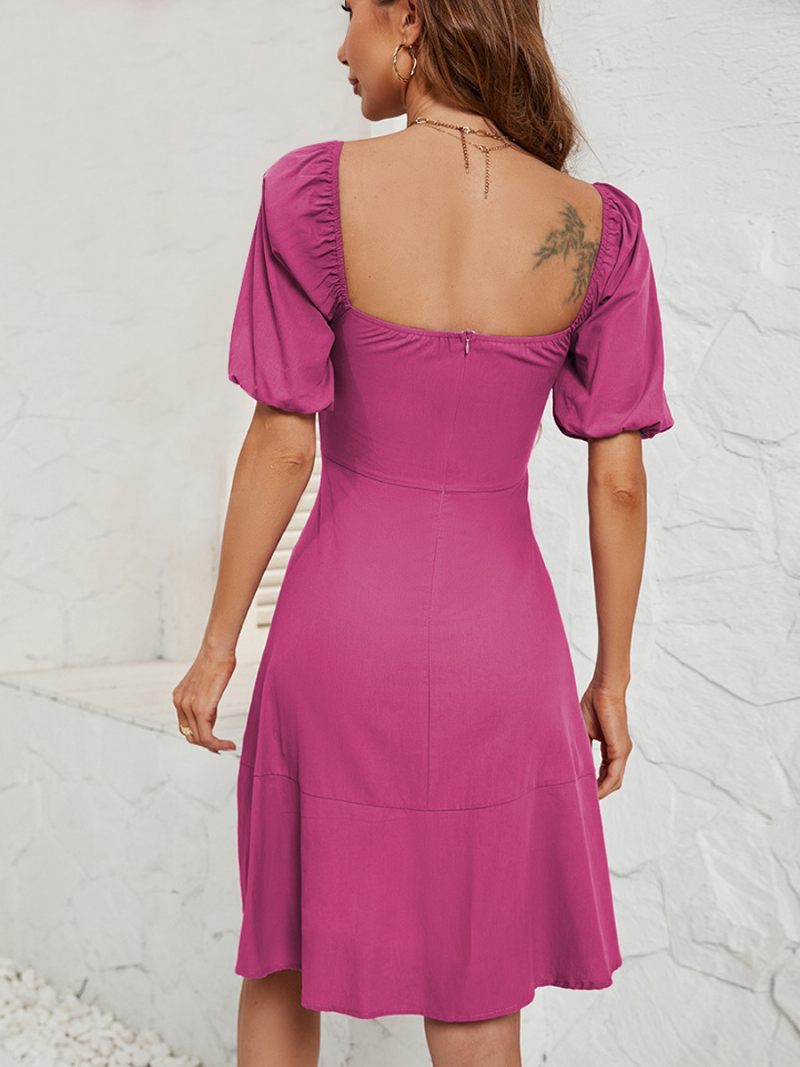 Robe Courte Pour Femmes Épaules Dénudées Dos Nu Manches Bouffantes Robes D'été Décontractées - Rose