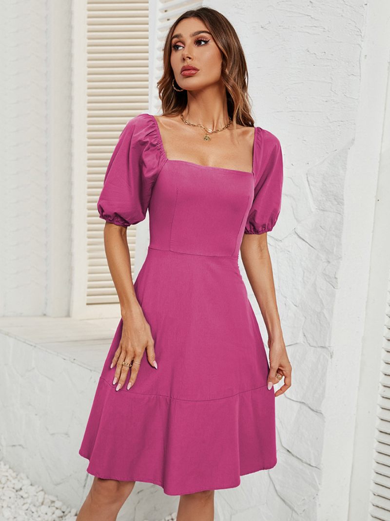 Robe Courte Pour Femmes Épaules Dénudées Dos Nu Manches Bouffantes Robes D'été Décontractées - Rose