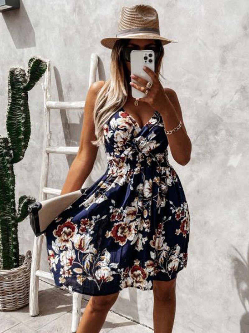 Robe D'été Blanche Pour Femmes Col V Manches Imprimé Floral Plage Mi-longue