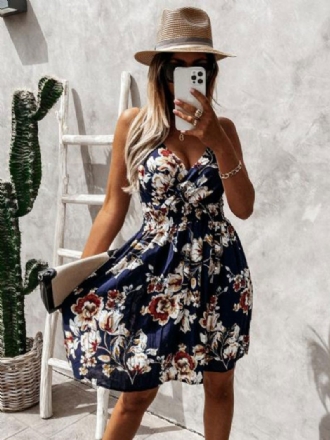 Robe D'été Blanche Pour Femmes Col V Manches Imprimé Floral Plage Mi-longue