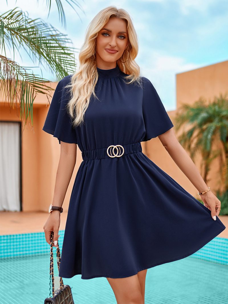 Robe D'été Décontractée Pour Femmes Col Haut Détails D'anneau Robes Courtes - Marine Foncé