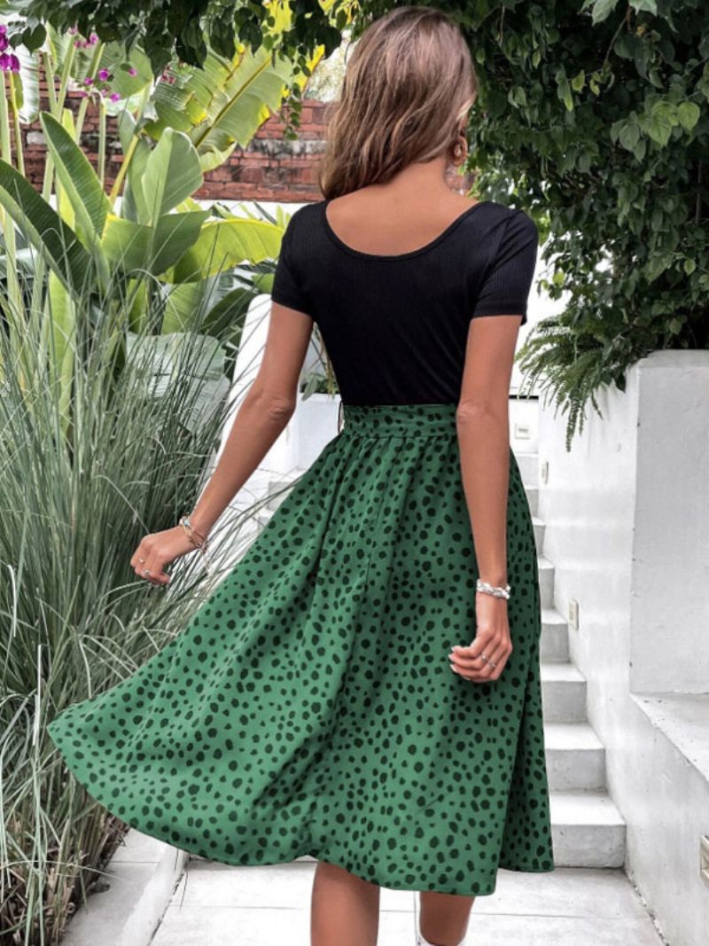 Robe D'été Pour Femmes Col Bijou Ceinture À Pois Marron Foncé Plage Moyenne - Vert Foncé