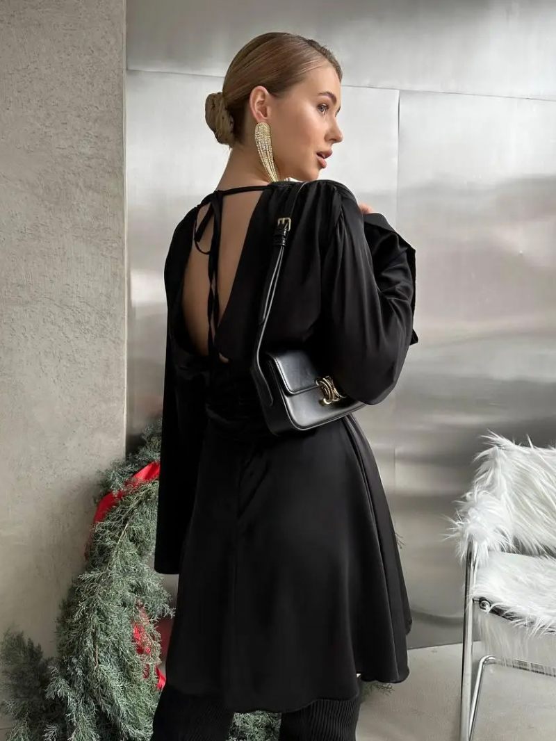 Robe Noire Plongeante Pour Femmes Manches Longues Ceinture Dos Nu Lacets Robes Décontractées - Noir