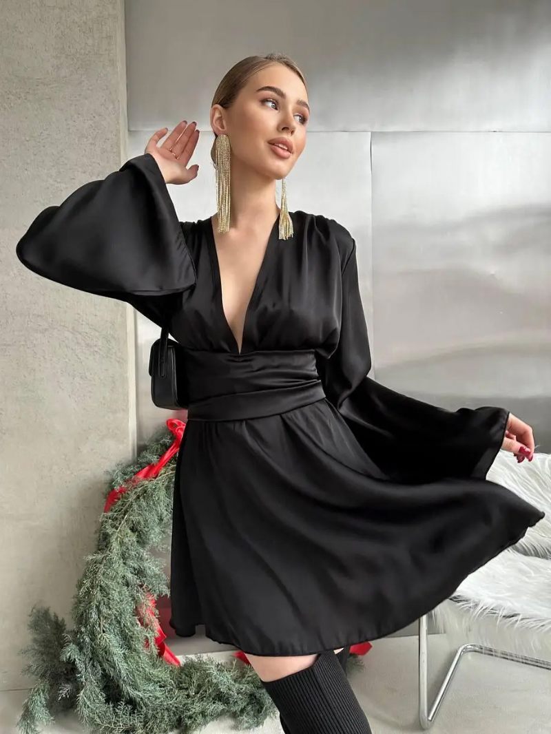 Robe Noire Plongeante Pour Femmes Manches Longues Ceinture Dos Nu Lacets Robes Décontractées - Noir