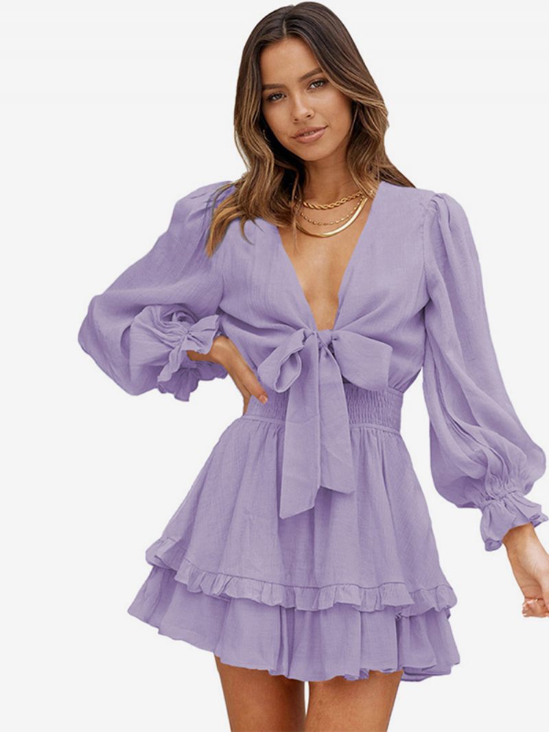 Robes Chemise Pour Femmes Conçues Avec Encolure Et Volants Mini Décontractées - Violet