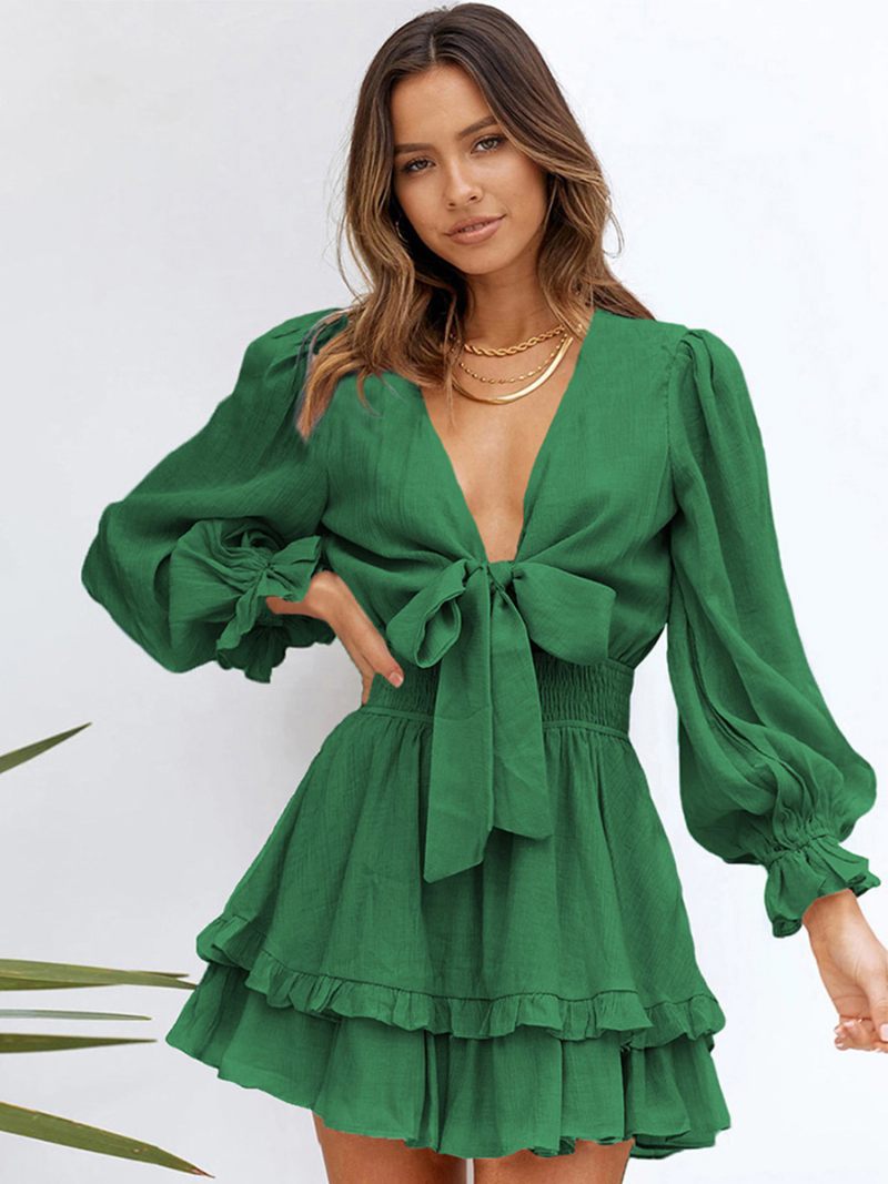 Robes Chemise Pour Femmes Conçues Avec Encolure Et Volants Mini Décontractées - Vert