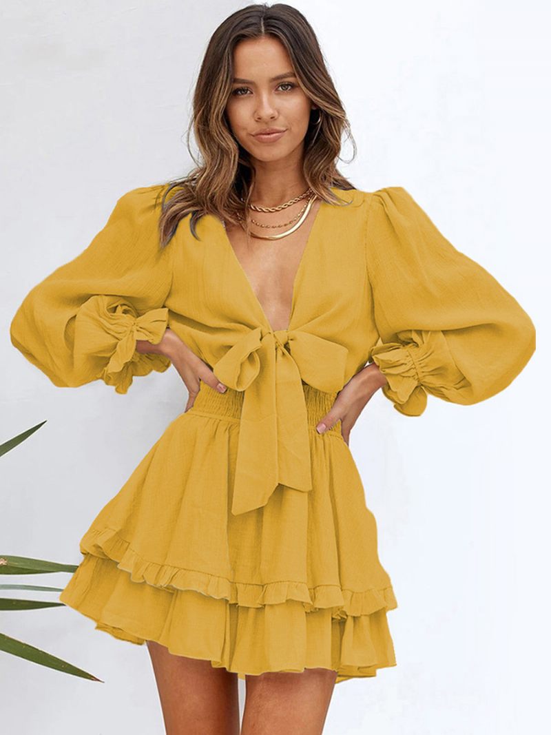 Robes Chemise Pour Femmes Conçues Avec Encolure Et Volants Mini Décontractées - Jaune