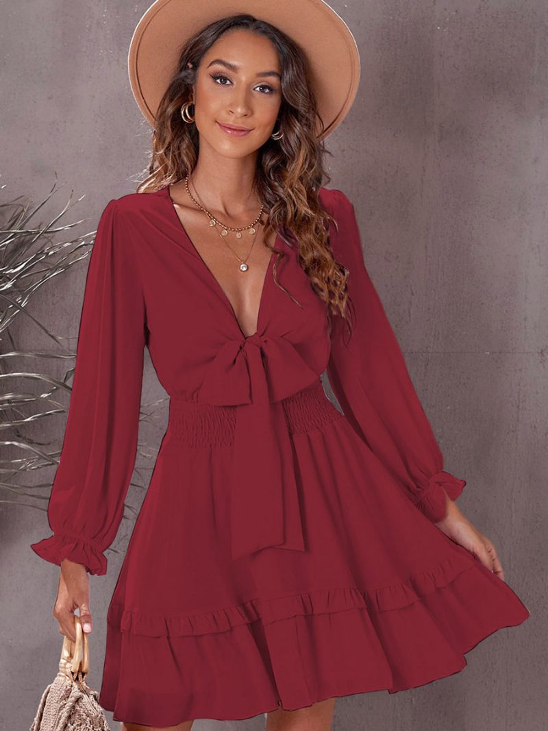 Robes Chemise Pour Femmes Conçues Avec Encolure Et Volants Mini Décontractées - Rouge