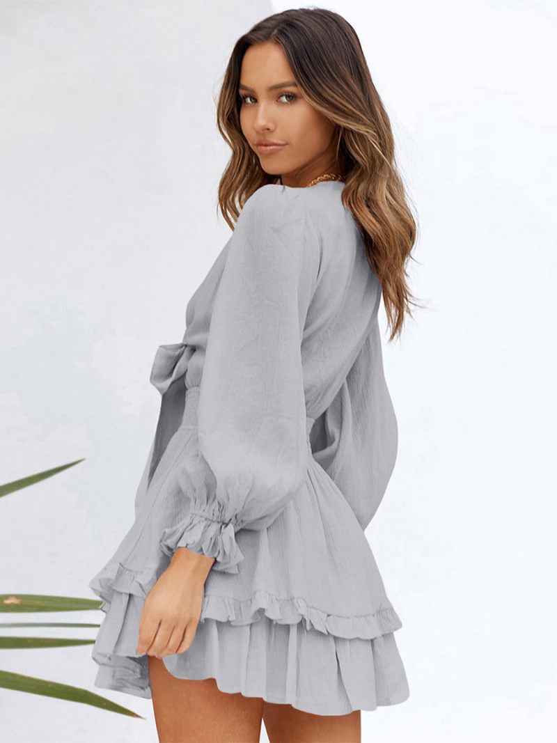 Robes Chemise Pour Femmes Conçues Avec Encolure Et Volants Mini Décontractées - Gris