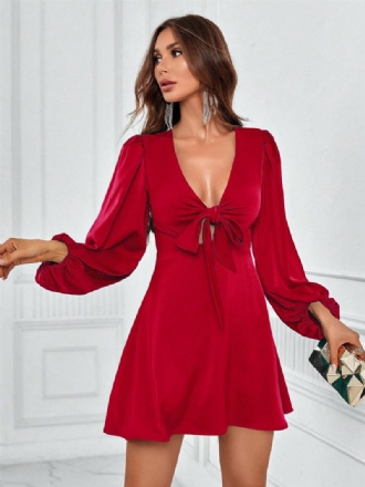 Robes À Nœuds Pour Femmes Décolleté V Profond Manches Lanternes Robe Soirée Trapèze