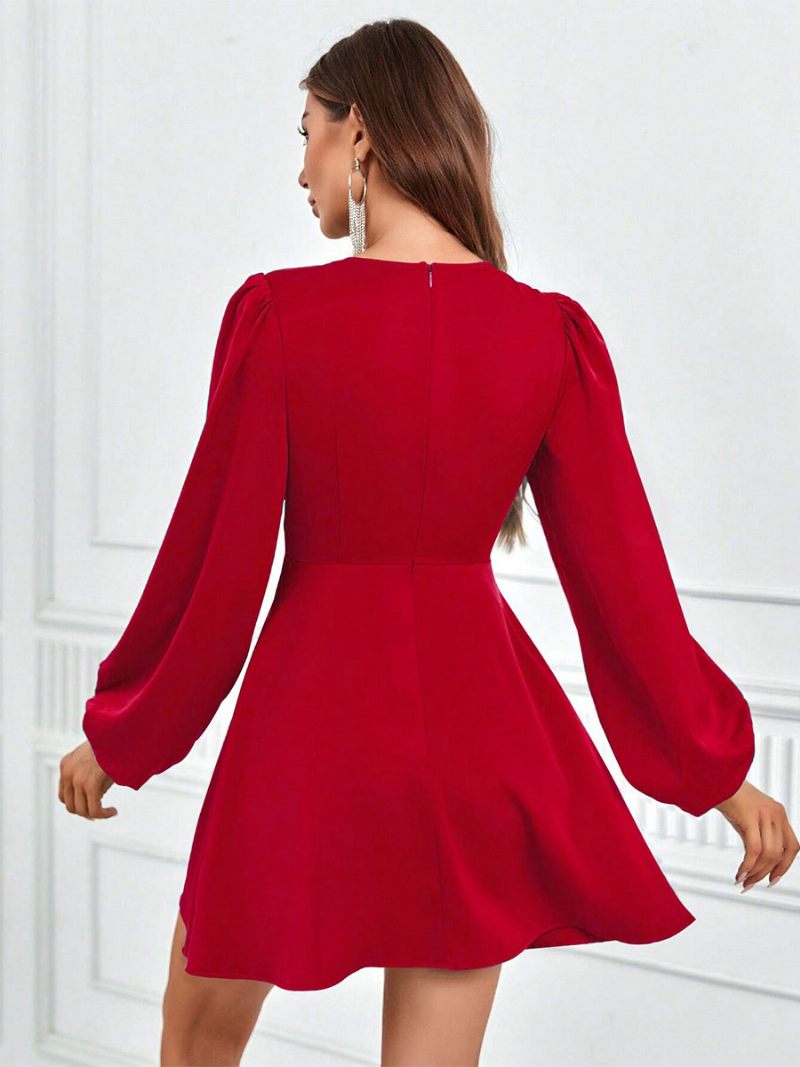 Robes À Nœuds Pour Femmes Décolleté V Profond Manches Lanternes Robe Soirée Trapèze - Rouge