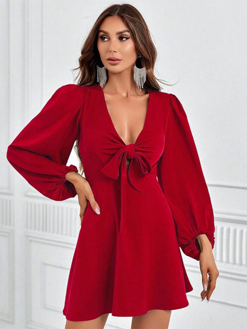 Robes À Nœuds Pour Femmes Décolleté V Profond Manches Lanternes Robe Soirée Trapèze - Rouge