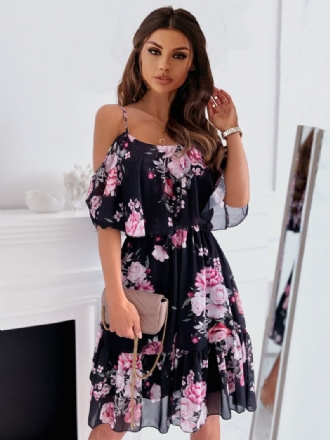 Robes Patineuses Pour Femmes Imprimé Floral Bretelles Cou Rose Sexy Demi Manches Robe Ajustée Et Évasée