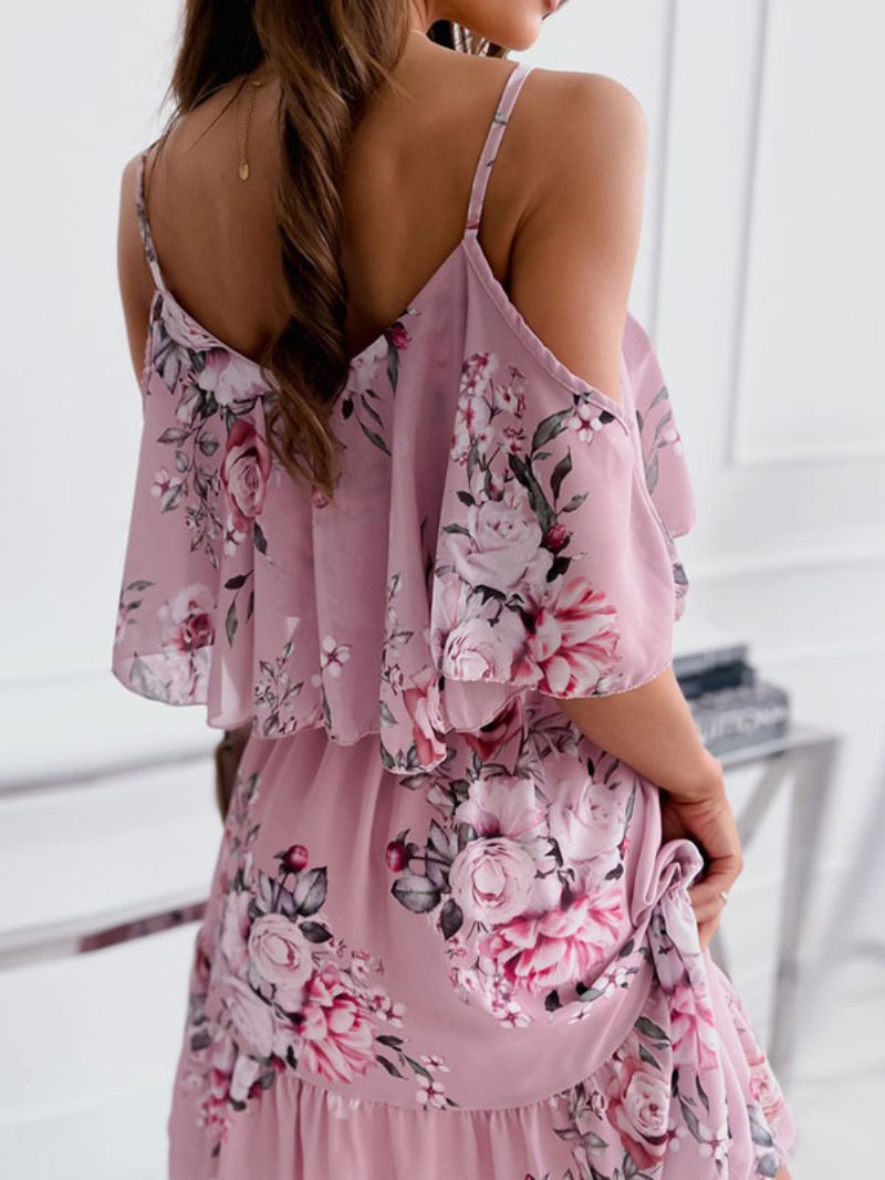 Robes Patineuses Pour Femmes Imprimé Floral Bretelles Cou Rose Sexy Demi Manches Robe Ajustée Et Évasée - Rose