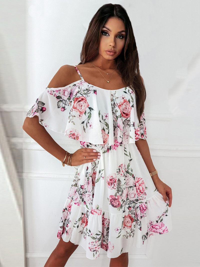 Robes Patineuses Pour Femmes Imprimé Floral Bretelles Cou Rose Sexy Demi Manches Robe Ajustée Et Évasée - Blanc