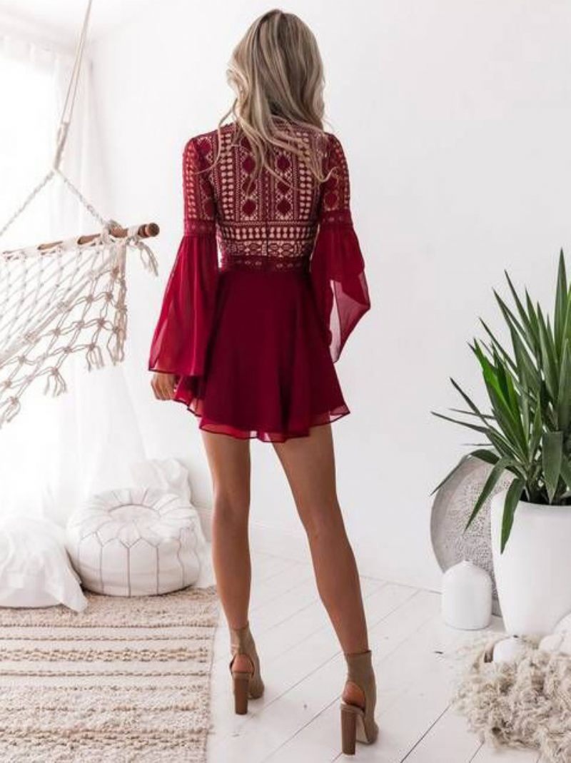 Robes Soirée Pour Femmes Col V Lacets Manches 3/4. Robe Asymétrique Semi-midi - Rouge