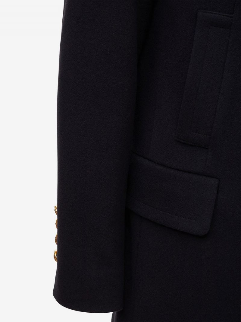 Blazer Laine Revers Boutons Métal Couleur Unie Automne Hiver Femmes Manteaux - Noir