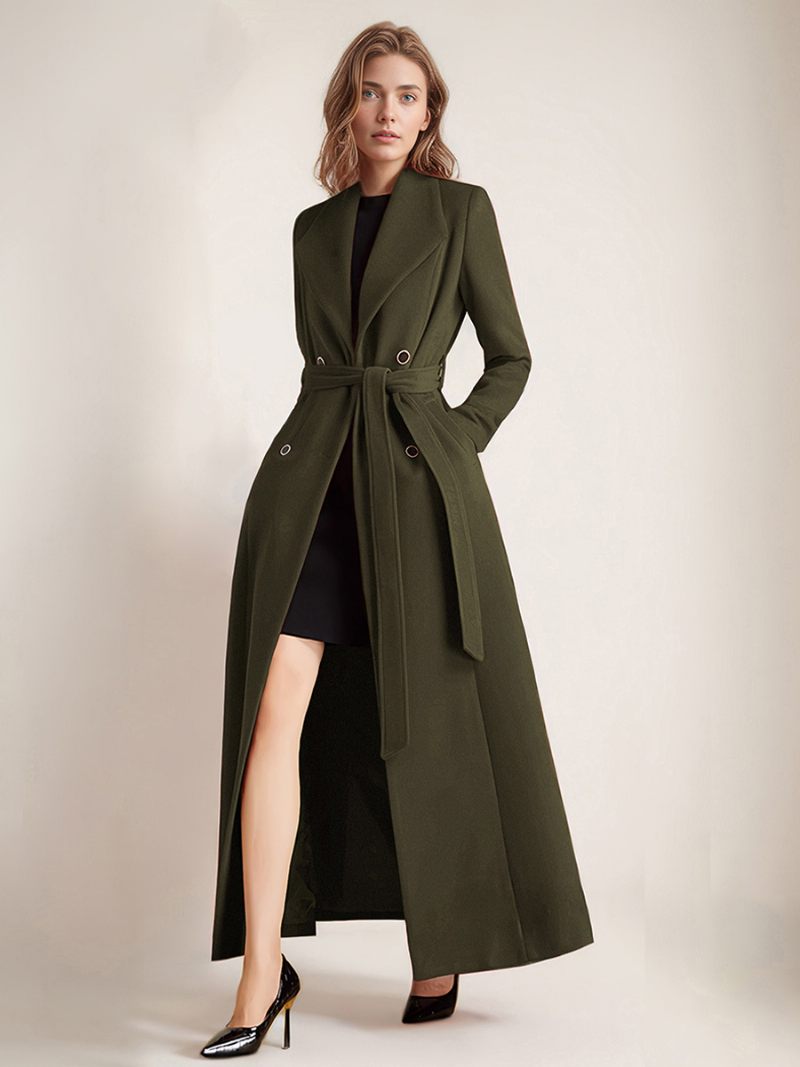 Manteau Élégant Pour Femmes Revers Manches Longues Poches Vêtements D'extérieur Ceinturés - Vert Chasseur