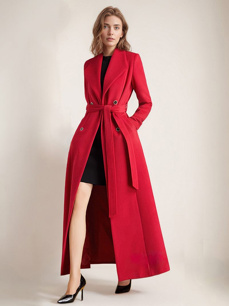 Manteau Élégant Pour Femmes Revers Manches Longues Poches Vêtements D'extérieur Ceinturés - Rouge