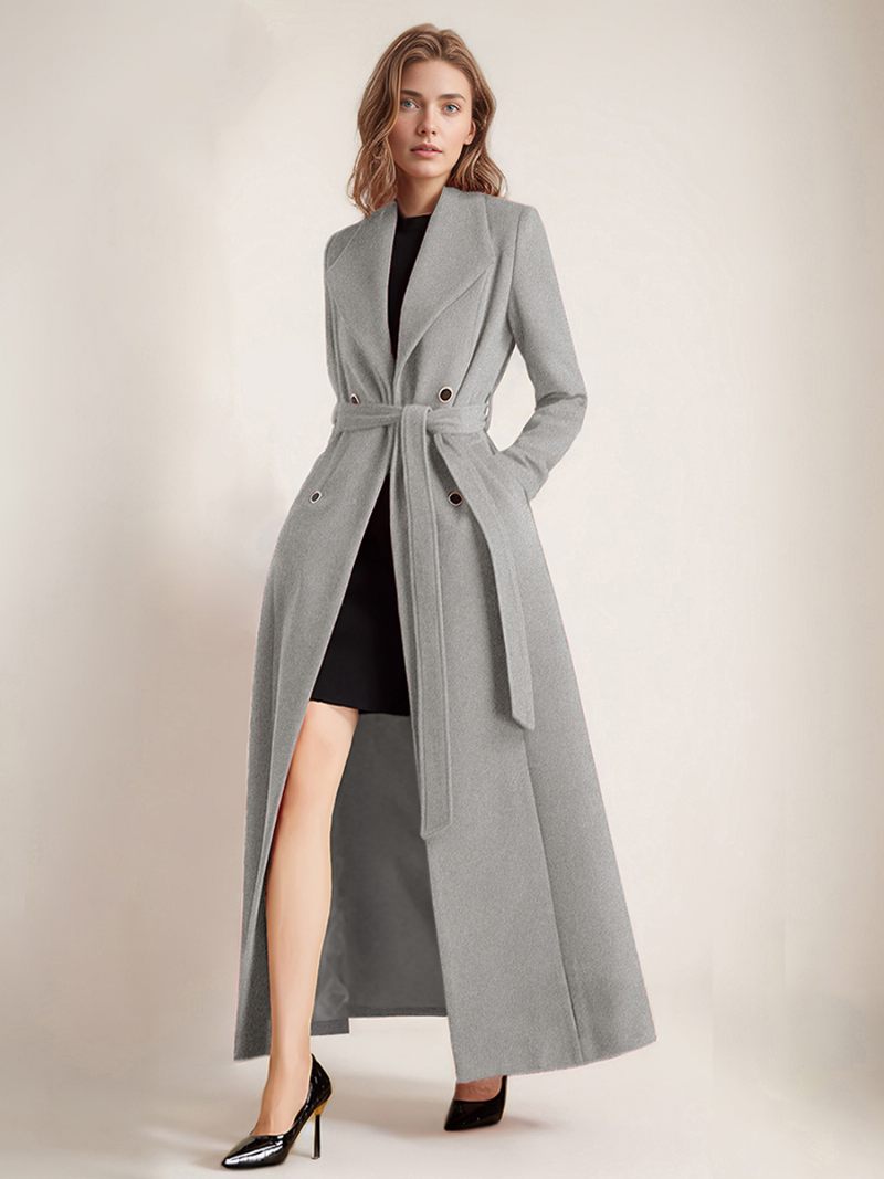 Manteau Élégant Pour Femmes Revers Manches Longues Poches Vêtements D'extérieur Ceinturés - Gris Clair