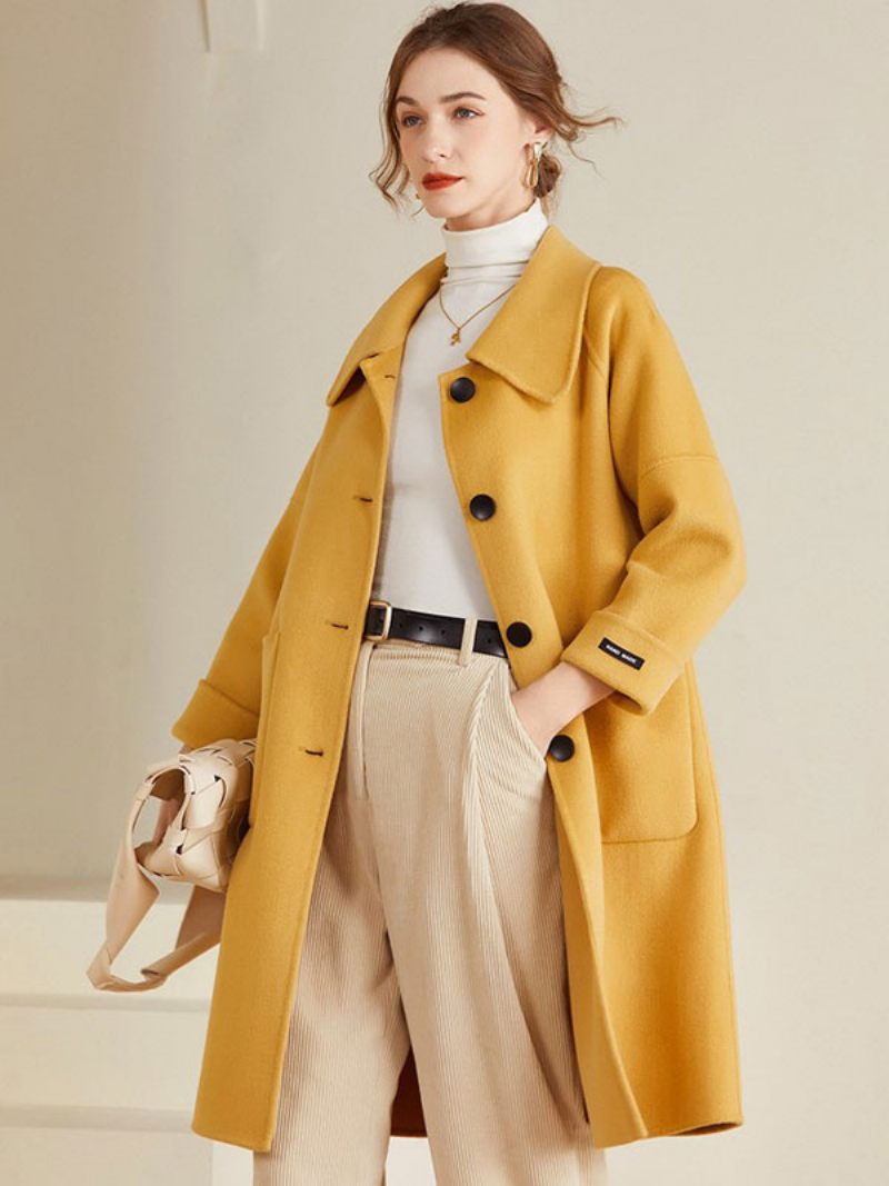 Manteau Femme 100% Laine Jaune Hiver Midi Vêtements D'extérieur 2024