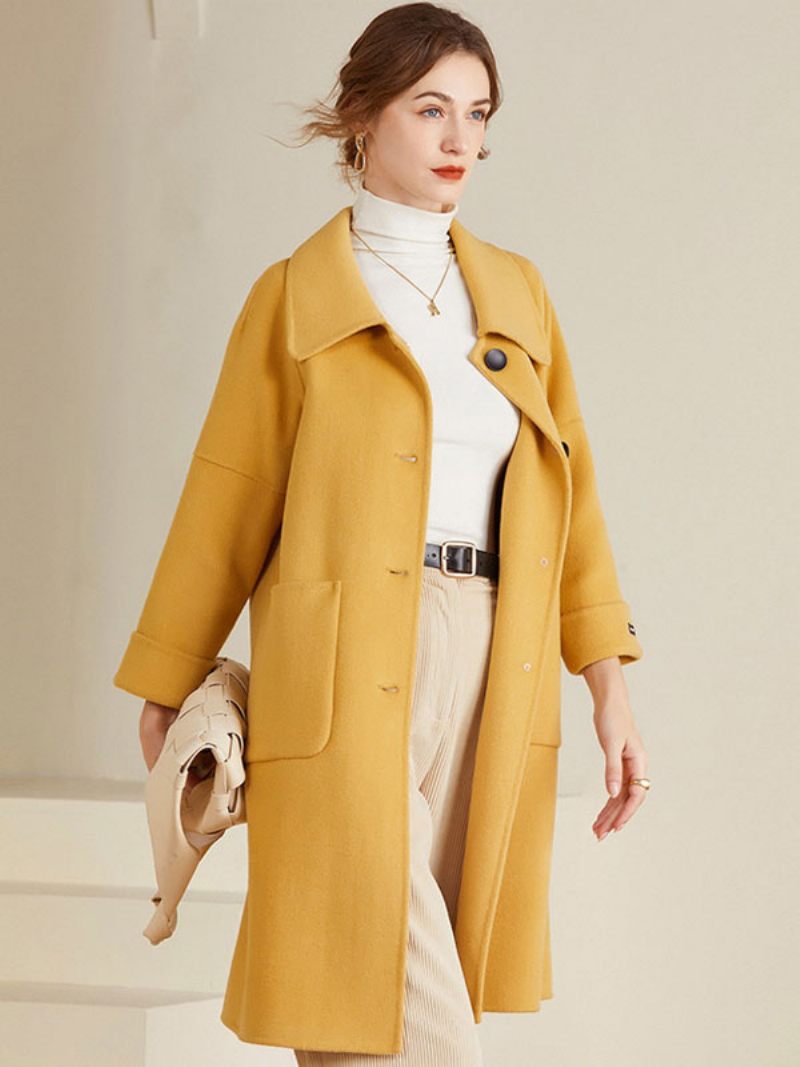 Manteau Femme 100% Laine Jaune Hiver Midi Vêtements D'extérieur 2024 - Jaune