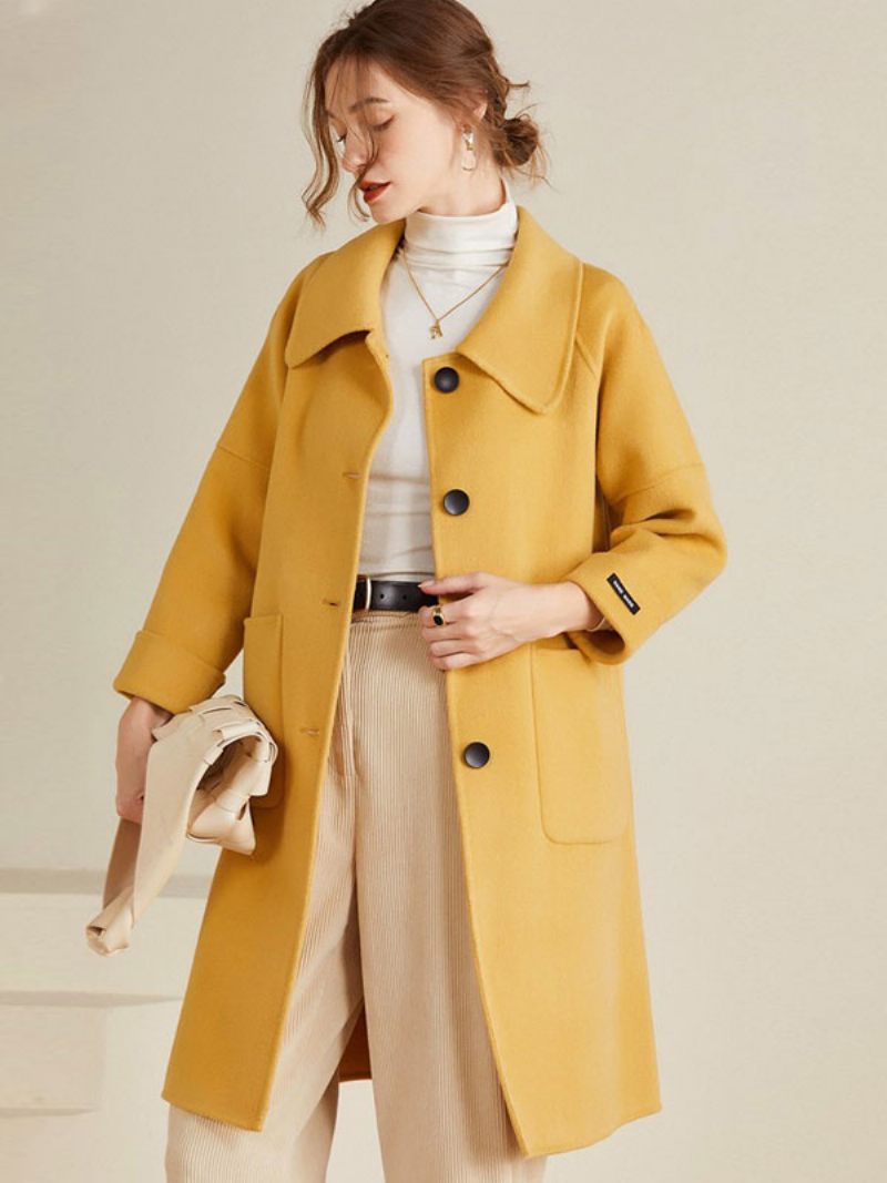 Manteau Femme 100% Laine Jaune Hiver Midi Vêtements D'extérieur 2024 - Jaune