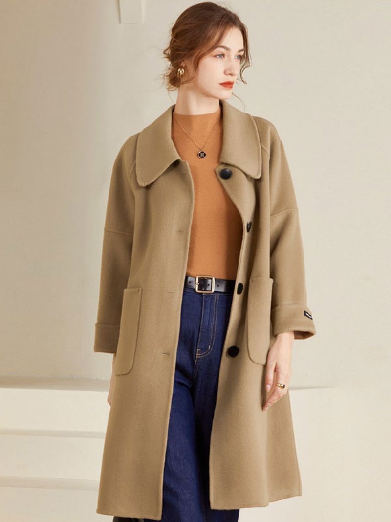 Manteau Femme 100% Laine Jaune Hiver Midi Vêtements D'extérieur 2024 - Camel