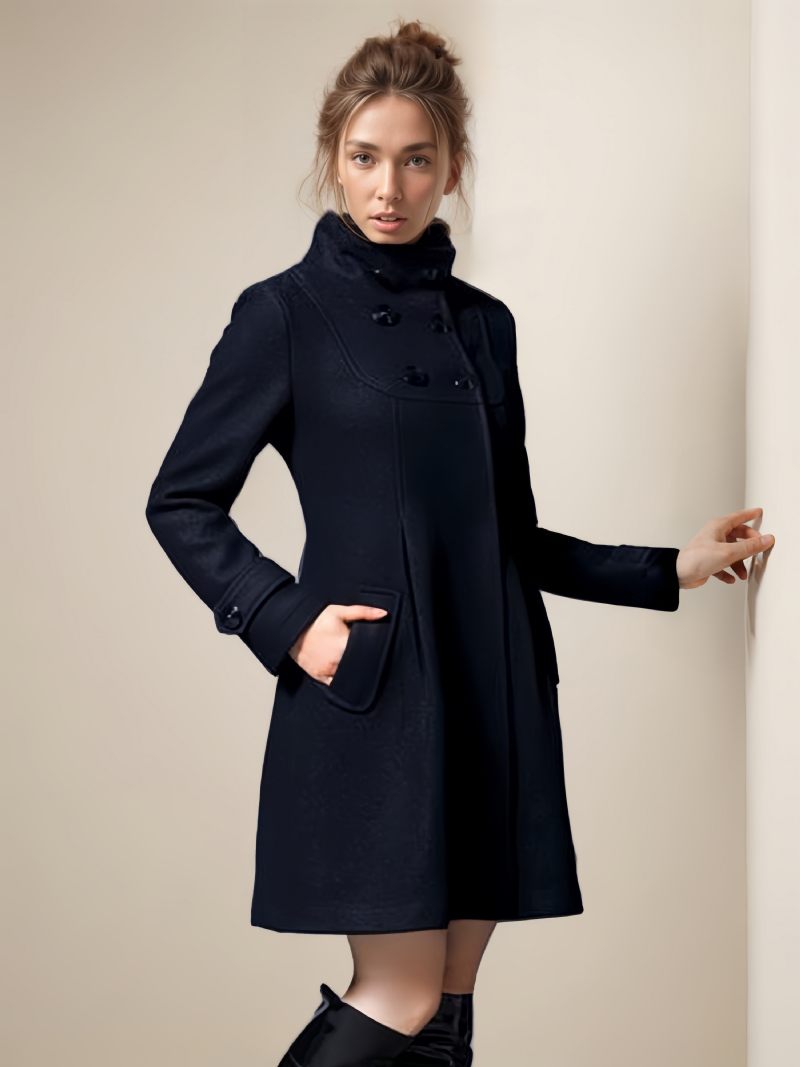 Manteau Femme Col Haut Manches Longues Vêtements Sortie D'hiver - Noir