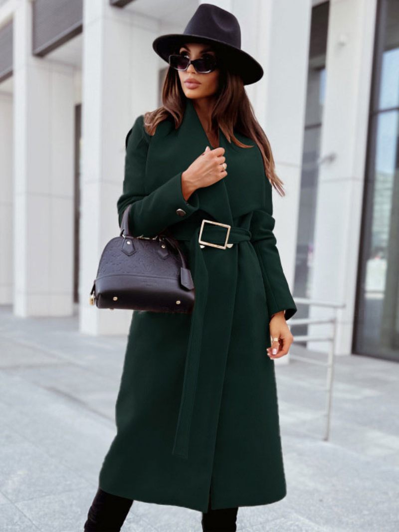 Manteau Pour Femme Col Rabattu Ceinture Vêtements D'extérieur D'hiver Classiques - Vert Foncé