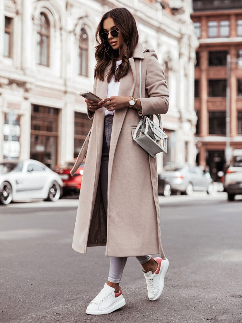 Manteau Pour Femmes Col Rabattu Ceinture Vêtements D'extérieur D'hiver - Jaune Clair Clair